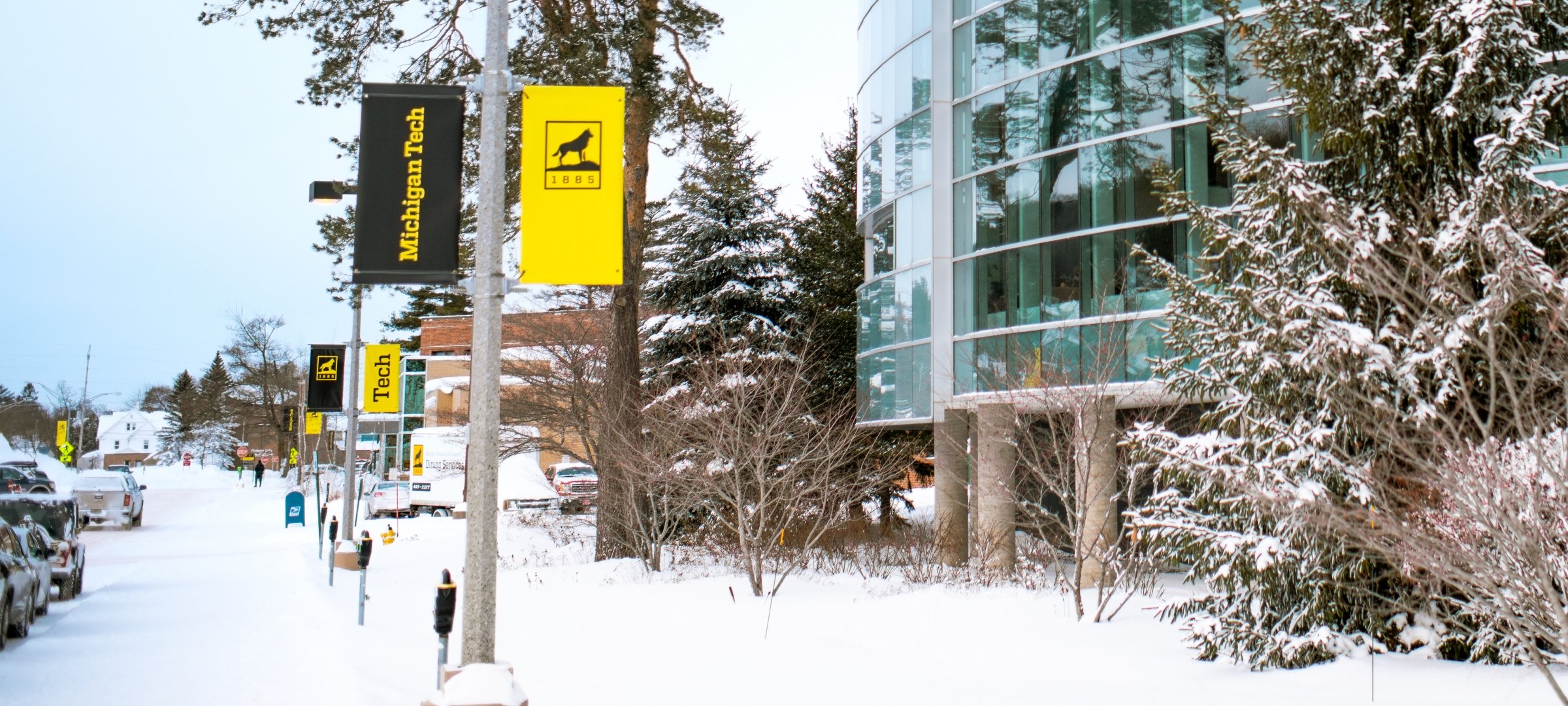 The front of campus on a winter day.
