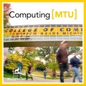 Computing[MTU] over blurred students walking under the Rekhi Library bridge with the College of Computing wrap.
