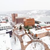 Aerial view of campus in the winter.