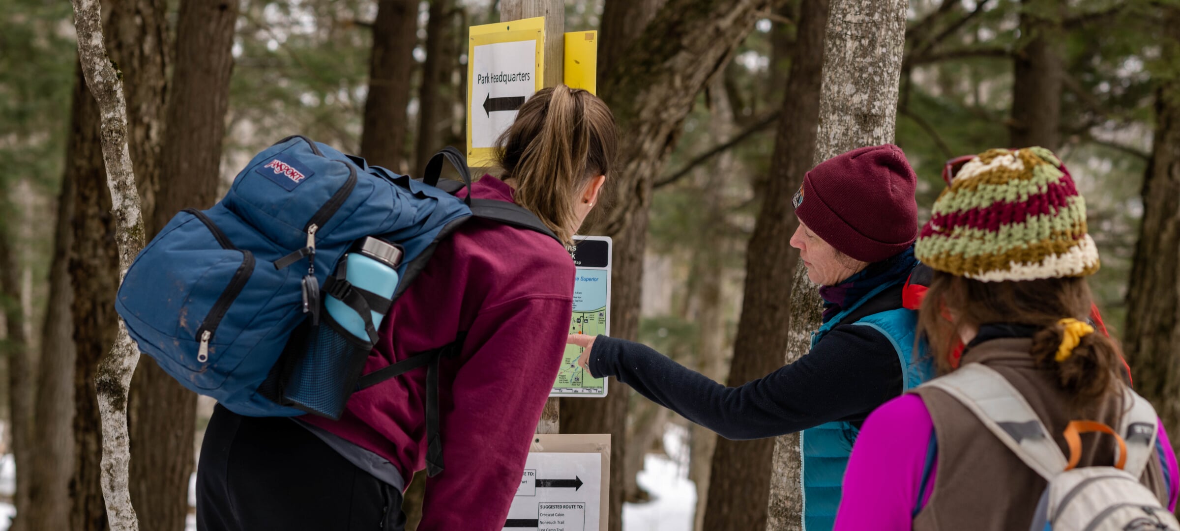 A professor pointing at a sign to students in a forest
