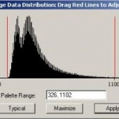 Image Data Histogram showing a graph curve with red lines on left and right.