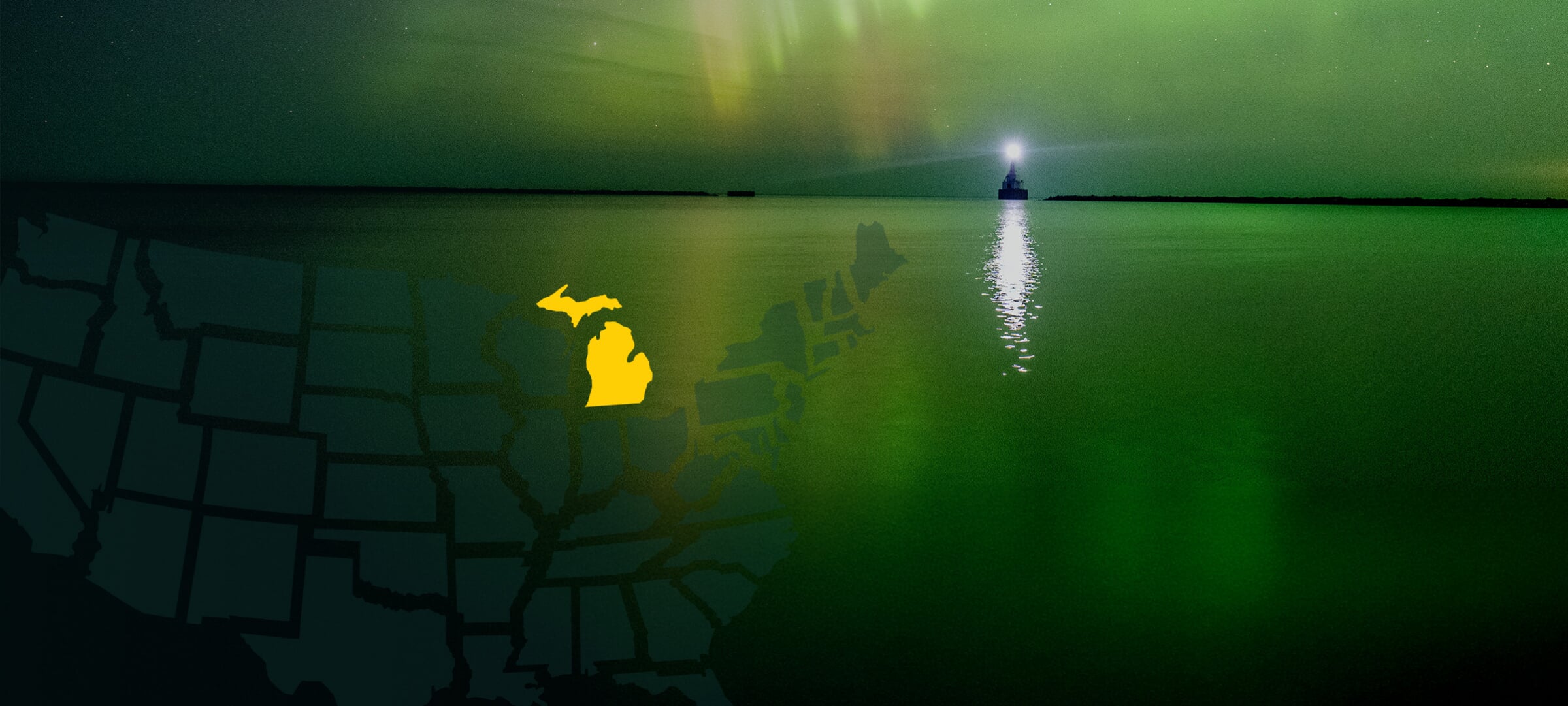 A map of the US highlighting our location over an image of the northern lights and Lake Superior