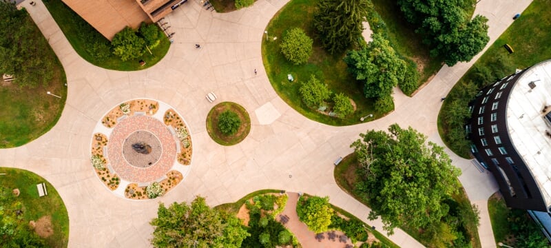 Aerial view of the Husky statue on campus