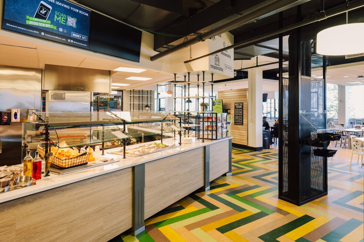View of a dining counter and the seating area.