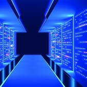 Walkway with blue light between server racks