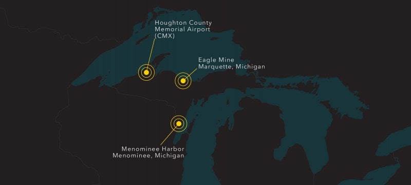 Dark map with points for Houghton County Memorial Airport (CMX), Eagle Mine in Marquette, Michigan, and Menominee Harbor in Menominee, Michigan.