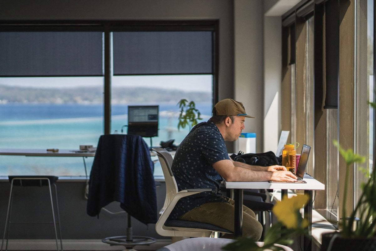 Person sitting at a table in front of windows working on a laptop.