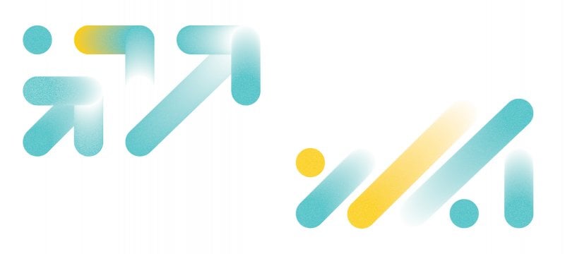 Teal and yellow graphical arrows, lines, and dots on a white background.