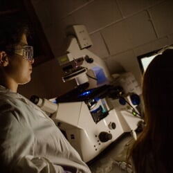 Students in a lab with microscope