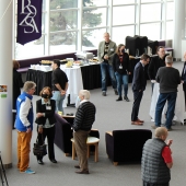 People in the lobby of the Rozsa Center.