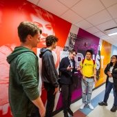 Rekhi Hall hallway and students