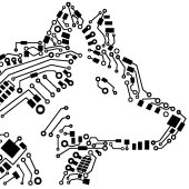 Husky head illustrated with computer circuits.