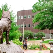 The Husky Statue and Rekhi Hall.