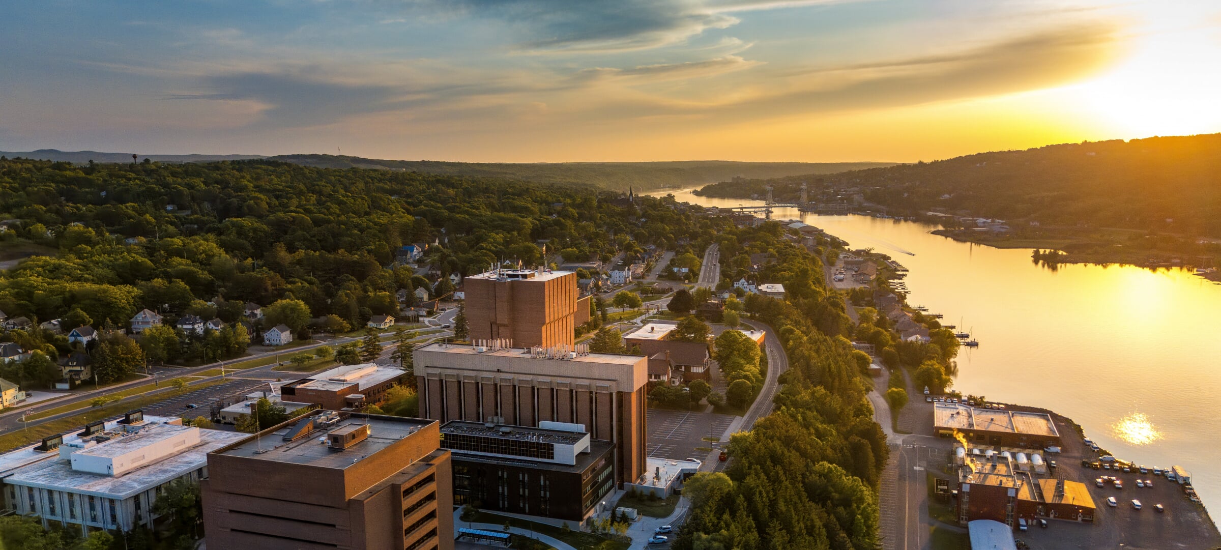 The Michigan Tech waterfront campus during sunset