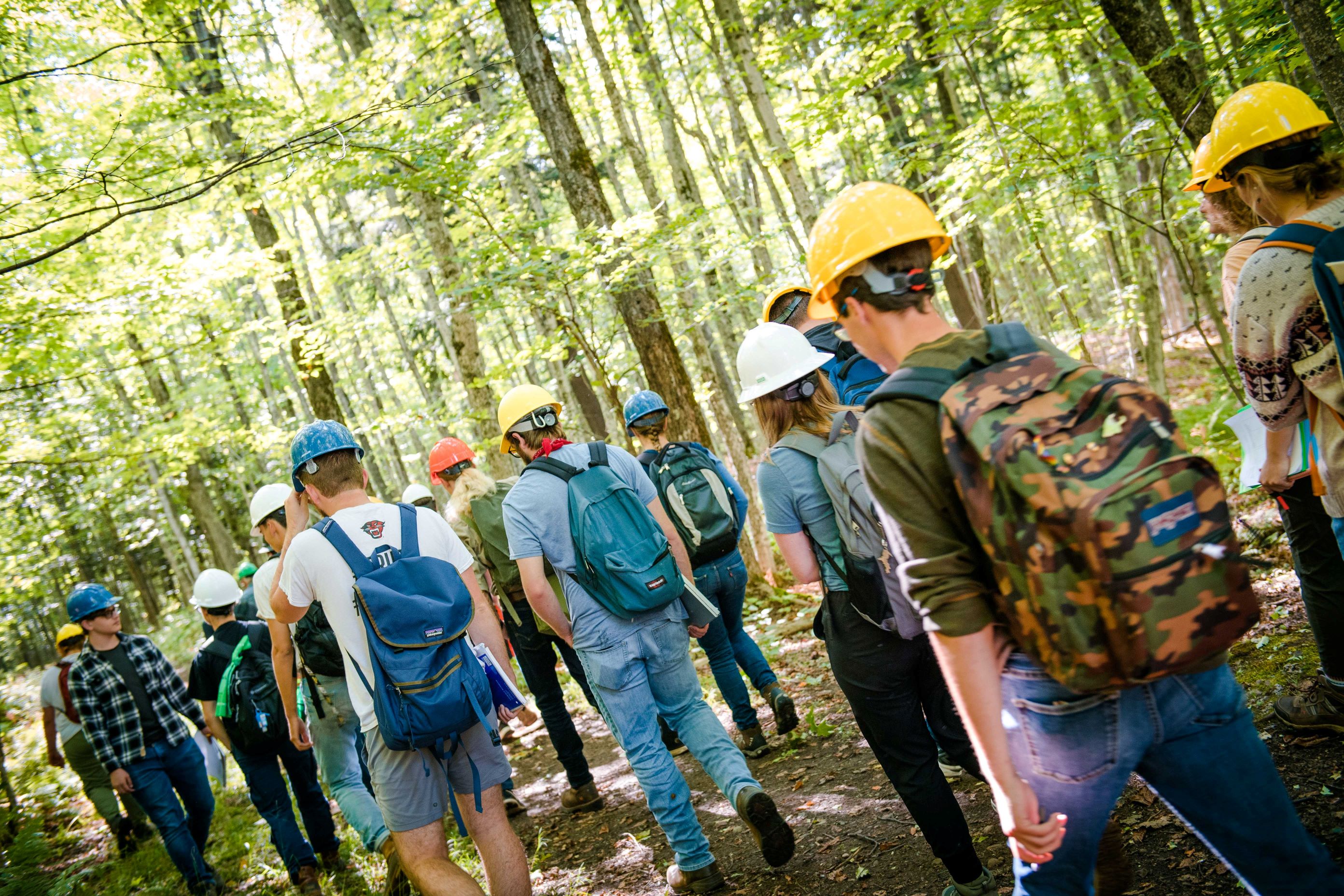 Students wearing backpacks and hard hats walking through the woods. 