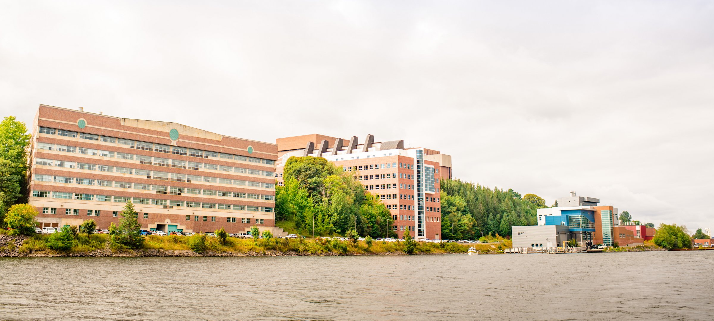 View of the Minerals and Materials Building and Dow Building from Portage Canal.