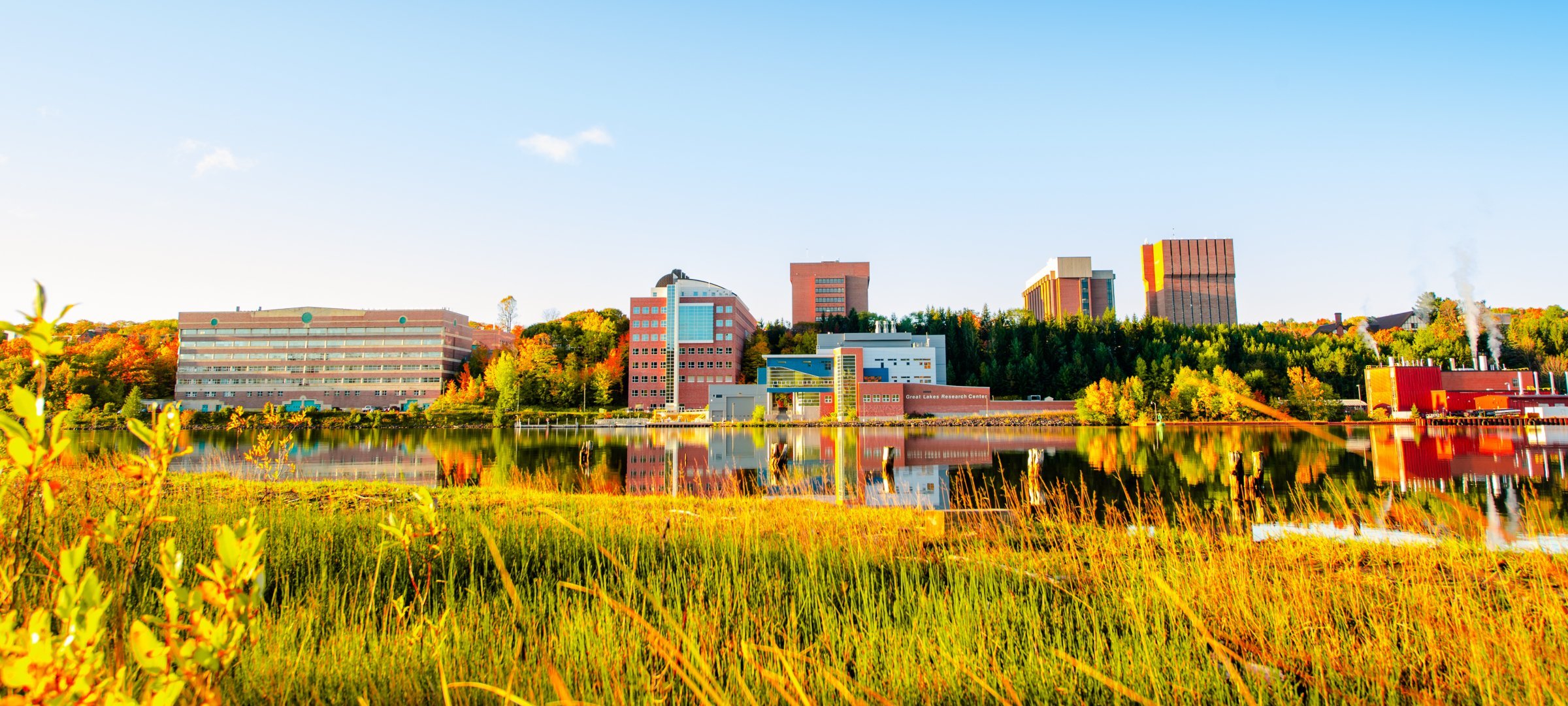 Campus vista from across the Portage Waterway.