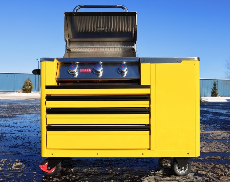 CTech Manufacturing grillcart in bright yellow with shiny chrome details and black wheels