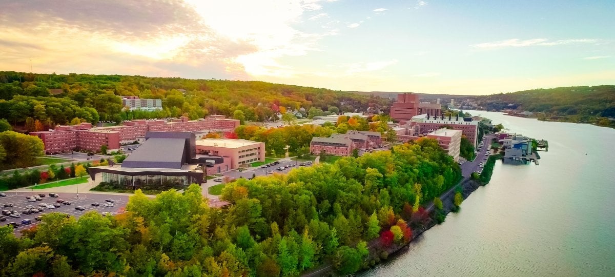 Arial view of MTU campus and canal 