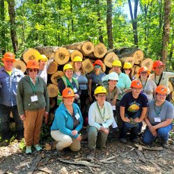 Professionmal outreach program participants standing in front of cut trees