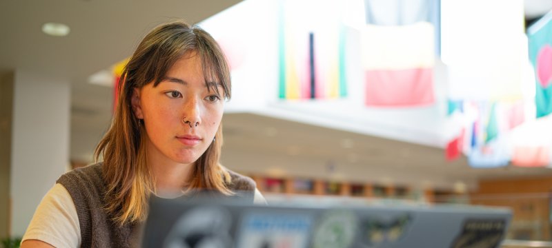 Quinn Riordan working on a laptop with the Forestry Atrium flags in the background at Michigan Tech.