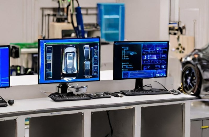 An image from the inside of an automotive lab: two monitors in the foreground and a car in the background.