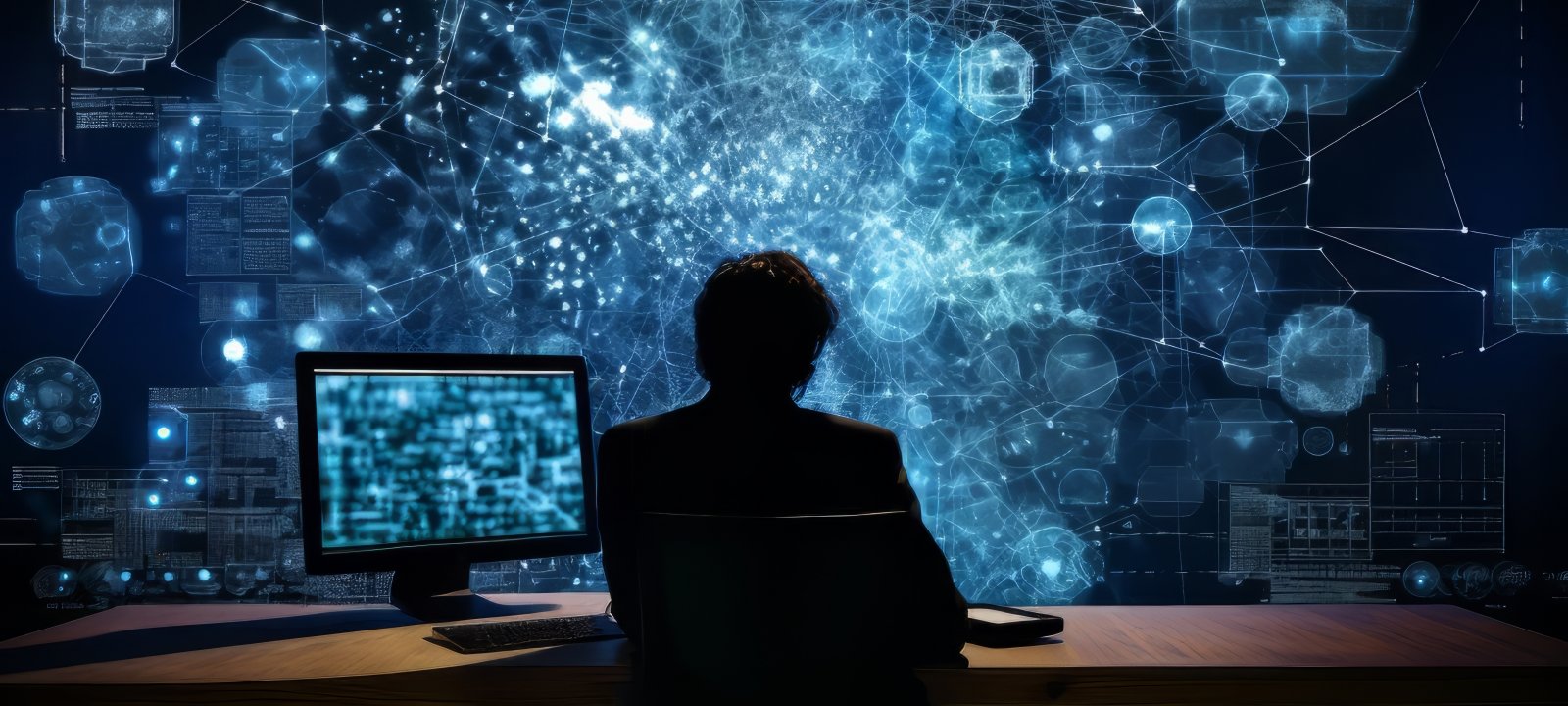 A person sits at a computer screen while looking at a huge wall monitor displaying a complex network.