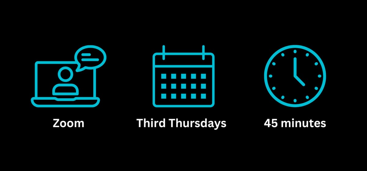 Three icons: a computer for Zoom; a Calendar for date (Third Thursdays), and a clock for time (45 minutes)