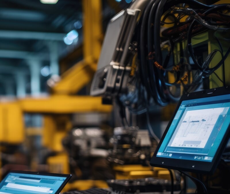 A close up of a computer monitor in a manufacturing engineering facility.