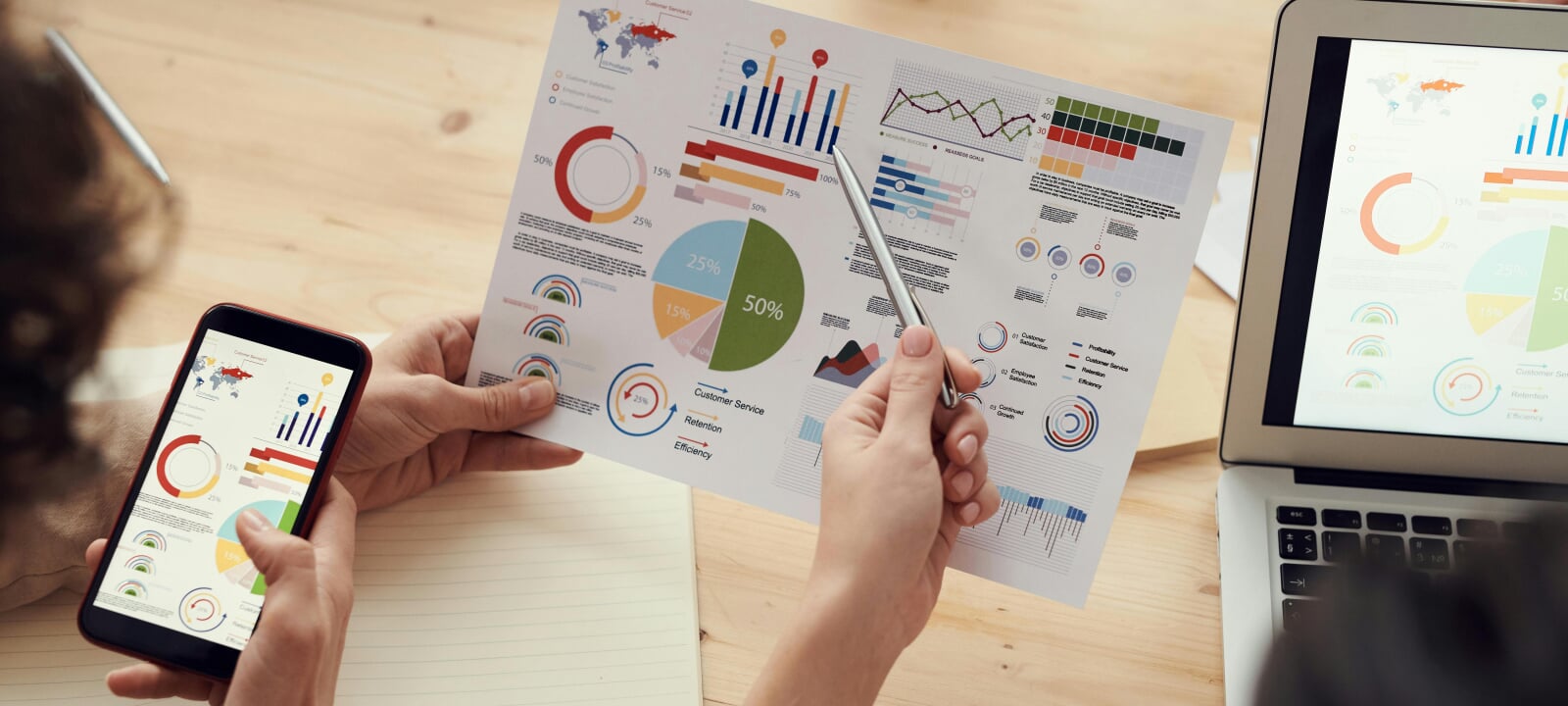 A person analyzing some printouts of data visualizations.