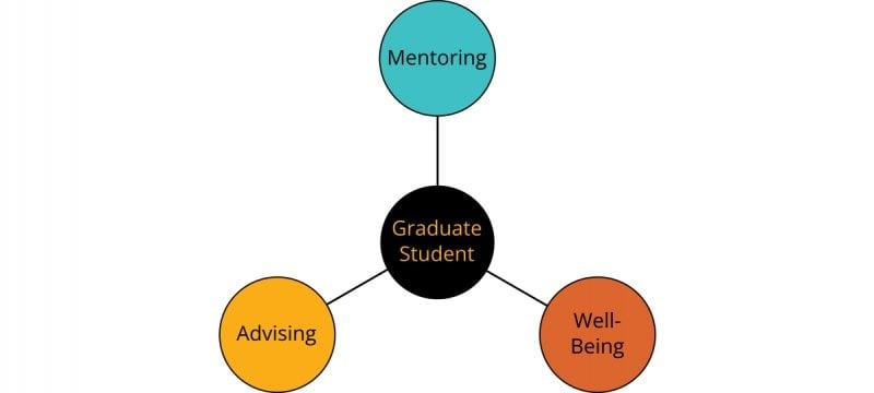 Schematic of student-centered mentoring showing the student at the center of advising, mentoring, and well-being.