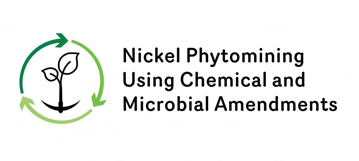 A plant merged with an inverted pickaxe surrounded by recycle arrows with words to the right of the logo: Nickel Phytomining Using Chemical and Microbial Amendments