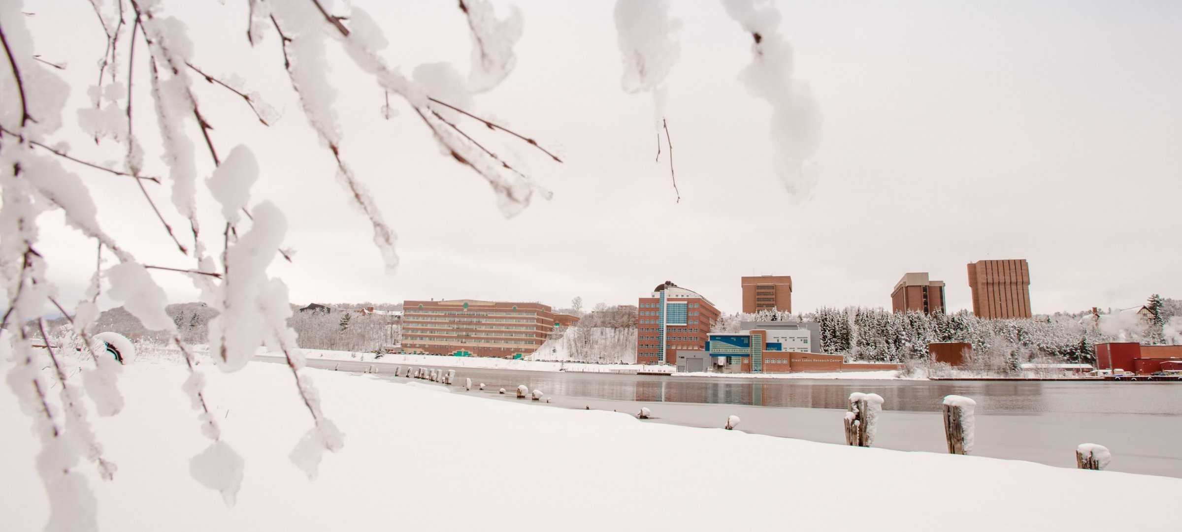 View of campus in the winter from the portage canal