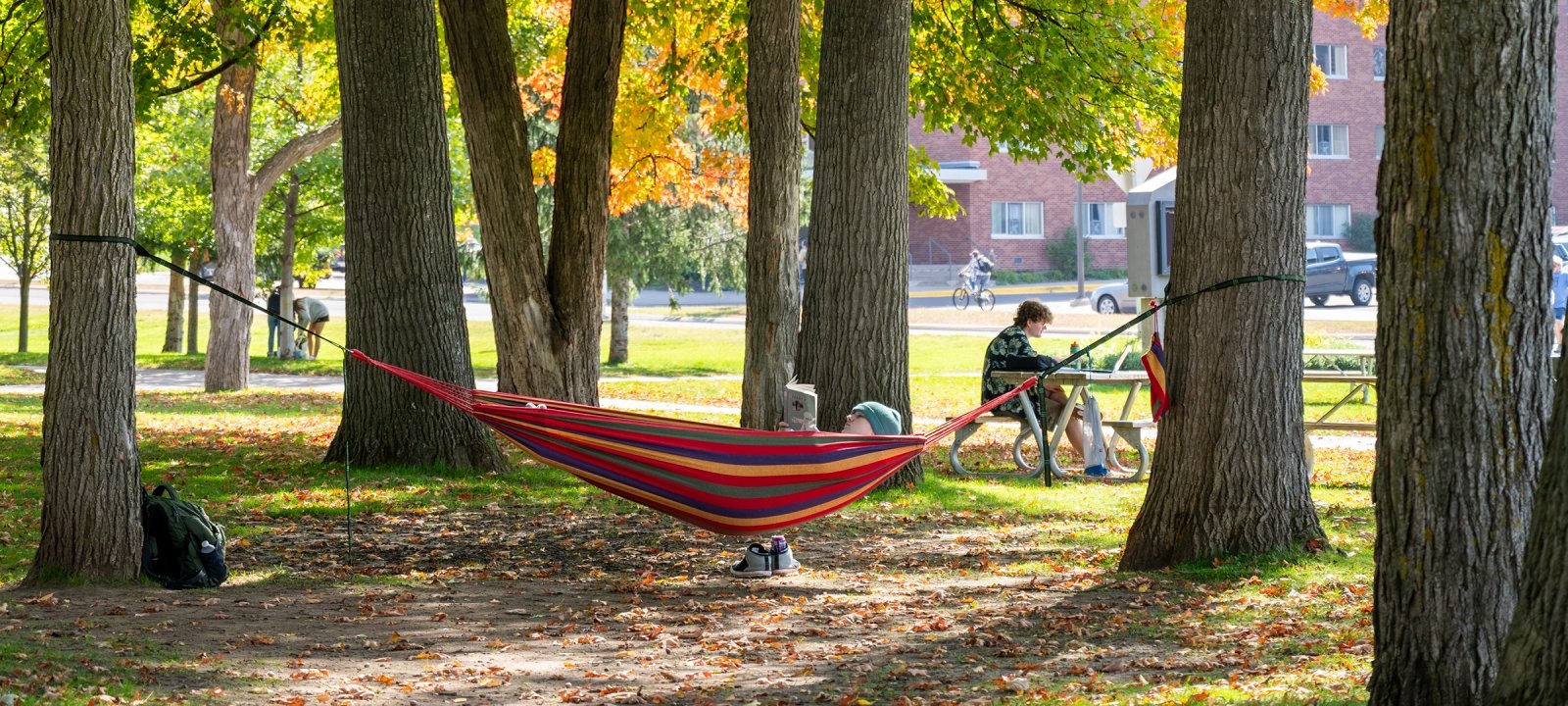 Student reading in a hammock on the lawn outside Walker Arts & Humanities Center.
