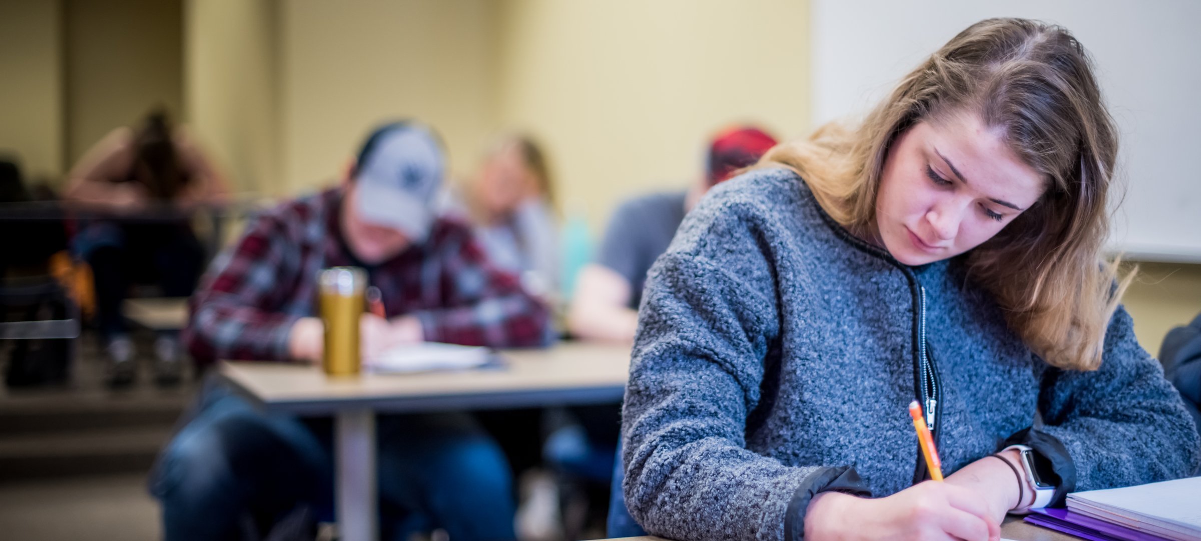 Woman in blue shirt writing in class