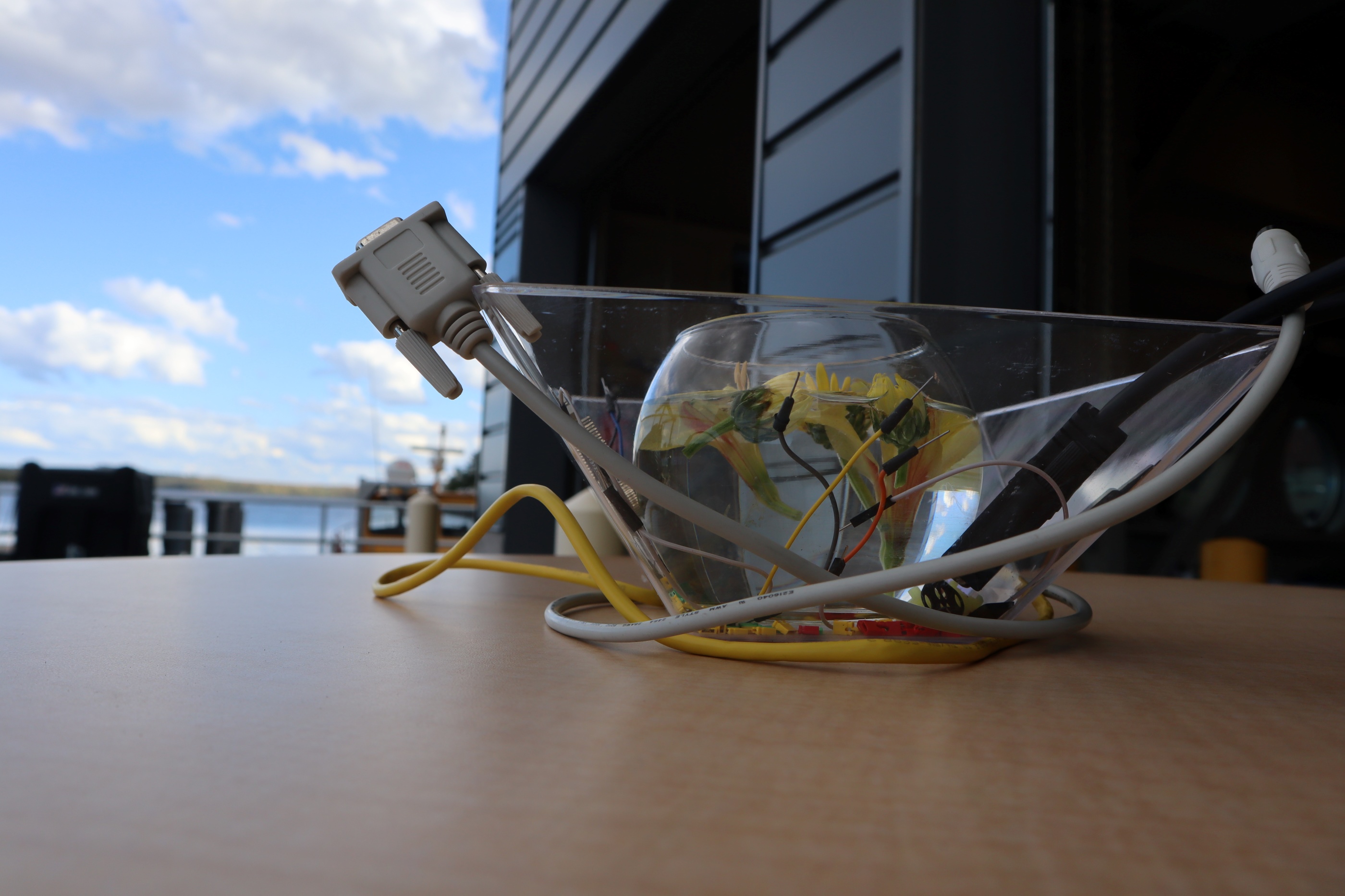 A tech-themed table decoration at the event. Bowl on a tbale with flowers and computer cables.