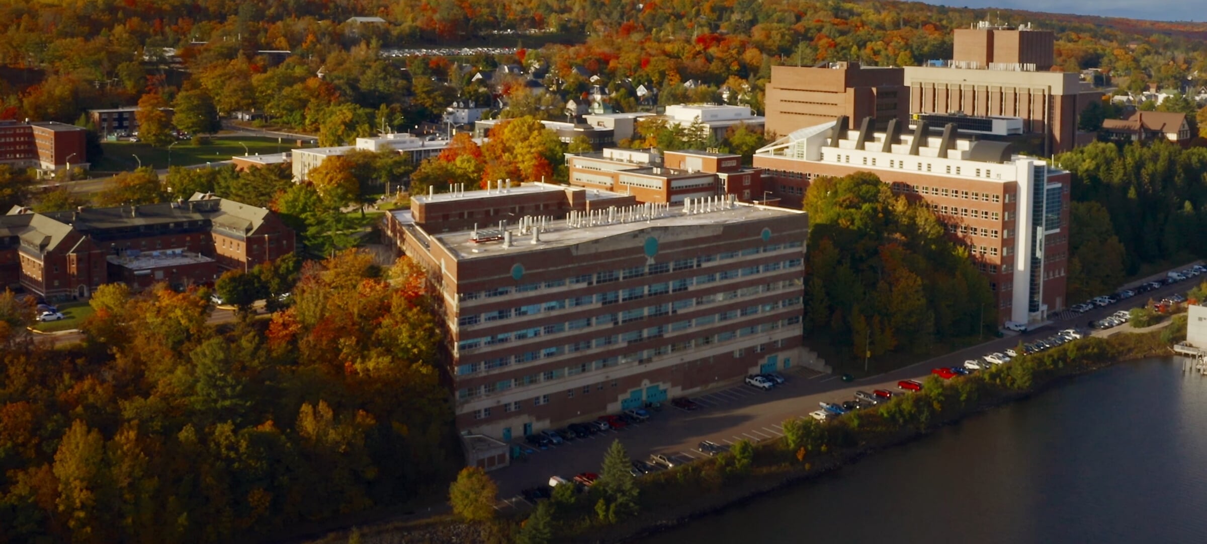 Aerial view of the M&M building during fall.