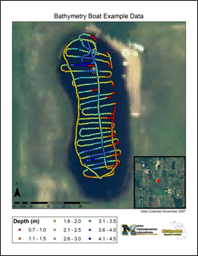 Map showing various colored points on a lake.