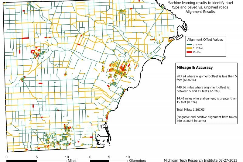 Map of Monroe County, MI showing positional offsets of roads