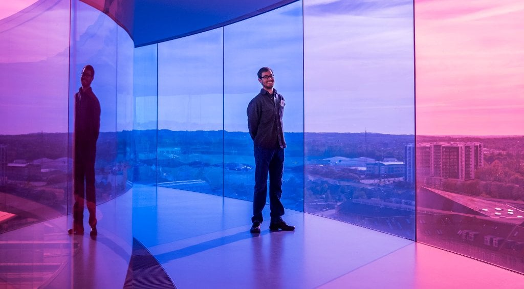 Learning to do interdisciplinary, international research takes students to Denmark this summer, where they'll get new views on collaborative research in the lab and from the colored-glass walkway at the Aros Art Museum. Credit: Taran Schatz Biosensors Main