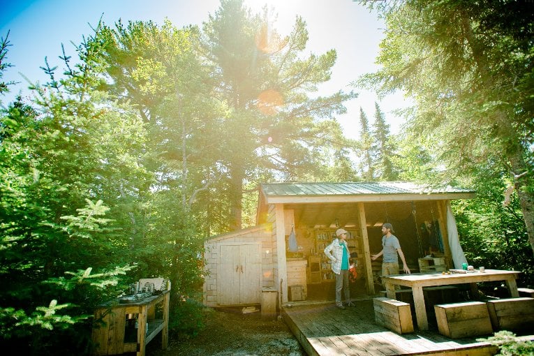 Rabbit Island three-sided shelter The community kitchen and dining space.