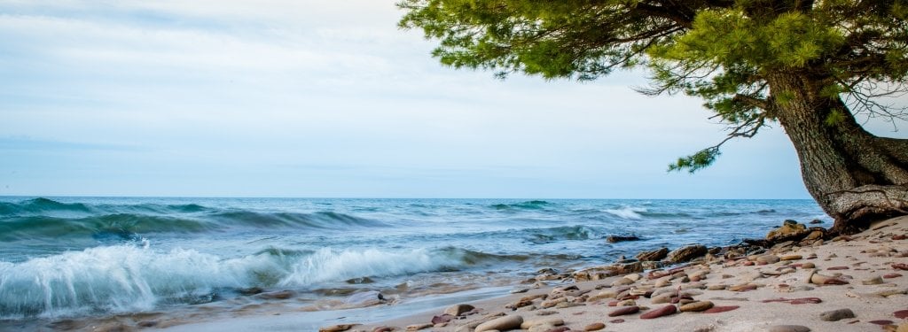 Water treatment is crucial for communities globally and locally—including the Great Lakes region. Using mass spectrometry to analyze dissolved organic matter in water leads to improved water treatment. Lake Superior waves come up on the beach covered with stones beside a pine tree.