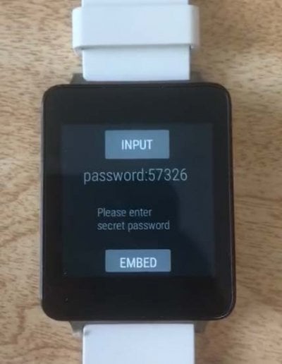 The prototype of our PDE system built for LG G watch. The prototype allows the user to enter a public and a secret password by tilting the watch differently.