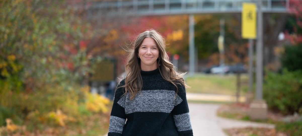 Marlee Huskey explored athletic training, public health and her Native American culture as an undergraduate at Michigan Tech. Marlee Huskey outside on campus.