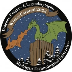 Dragons, Nights, and Legendary Sights, Michigan Tech Winter Carnival 2025 logo with a dragon breaking Upper Peninsula-shaped fire on top of the R.L. Smith mechanical engineering building on the MTU campus.