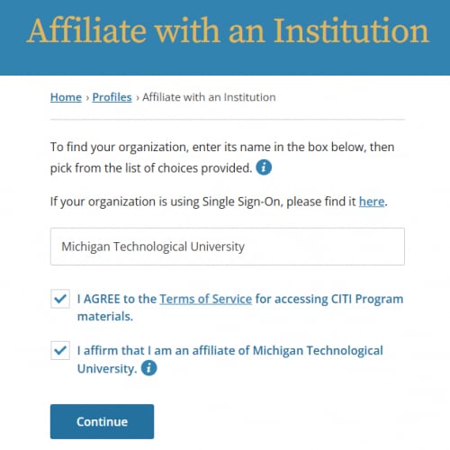 screen shot of CITI training site displaying that user should enter Michigan Technological University and check both checkboxes