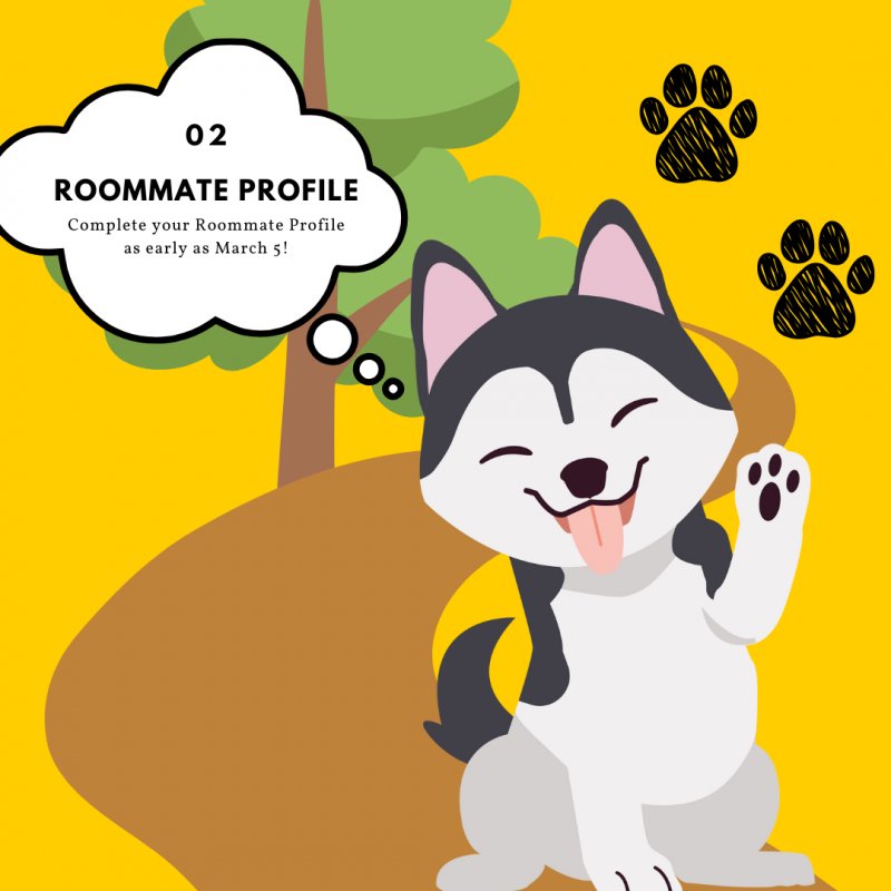 Husky on a trail with sign in the background. Step 2: Complete your Roommate Profile as early as March 6! 