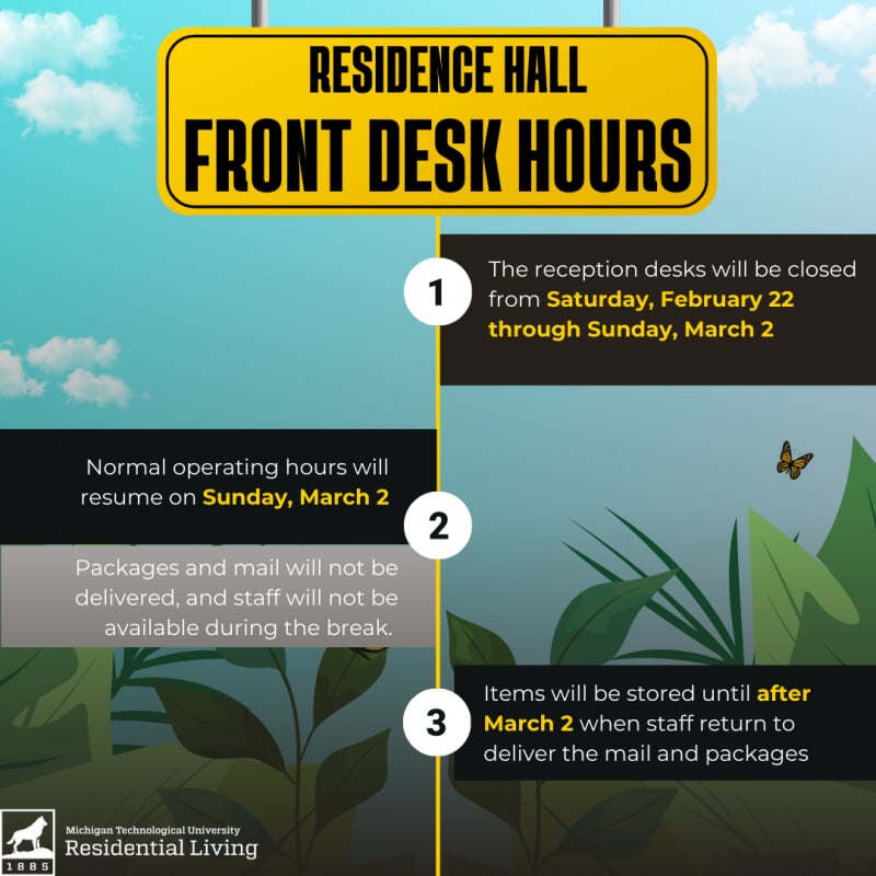 Residence Hall Front Desk Spring Break Hours: Closed Closed Saturday, February 22 -Sunday, March 2