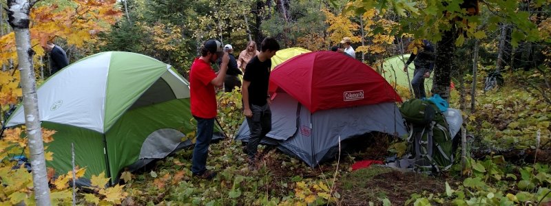 Group of students setting up tents in the woods