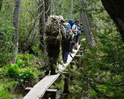 Five backpackers make their way through a bog on a narrow boardwalk as their leader turns and smiles at the camera.